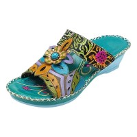 Peep Toe Flower Stitch Decorated Beach Slope Sandals Slippers - Green Faux Leather