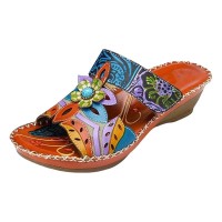 Peep Toe Flower Stitch Decorated Beach Slope Sandals Slippers - Orange Faux Leather