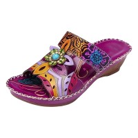 Peep Toe Flower Stitch Decorated Beach Slope Sandals Slippers - Purple Faux Leather