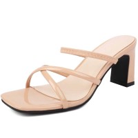 Square Open Toe Chunky Heels Cross Straps Slingback Summer Slippers Sandals  - Beige Patent