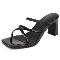 Square Open Toe Chunky Heels Cross Straps Slingback Summer Slippers Sandals  - Black Patent