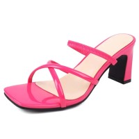 Square Open Toe Chunky Heels Cross Straps Slingback Summer Slippers Sandals  - Rose Patent