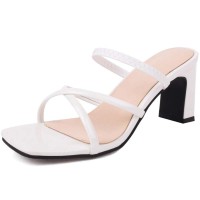 Square Open Toe Chunky Heels Cross Straps Slingback Summer Slippers Sandals  - White Patent