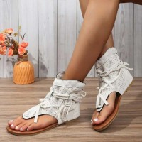 Open Toe Ankle Buckle Straps Flip Flop Sandals - Beige Flock