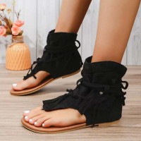 Open Toe Ankle Buckle Straps Flip Flop Sandals - Black Flock