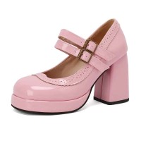 Round Toe Chunky Heels Double Mary Janes Straps Low Platforms Pumps - Pink Patent