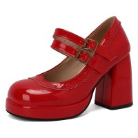 Round Toe Chunky Heels Double Mary Janes Straps Low Platforms Pumps - Red Patent