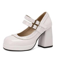 Round Toe Chunky Heels Double Mary Janes Straps Low Platforms Pumps - White Patent
