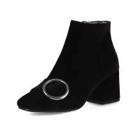 Round Toe Metal Buckle Decorated Side Zipper Ankle Highs Chunky Heels Boots - Black Flock
