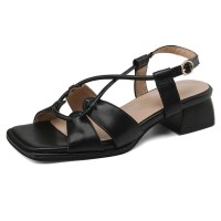 Square Open Toe Chunky Heels Cross Lace Up Ankle Buckle Straps Summer Sandals  - Black Faux Leather