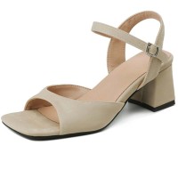 Square Open Toe Chunky Heels Ankle Buckle Straps Summer Sandals  - Beige  Satin