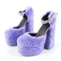 Round Toe Platforms Ankle Buckle Mary Janes Rhinestones Straps Chunky Heels Pumps - Lavender Plush