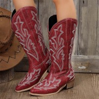 Pointed Toe Knee Highs Mid Calf Vintage Style Cowgirl Boots - Red Faux Leather