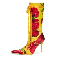 Pointed Toe Flower Print Knee Highs Stiletto Heels Lace Up Boots - Yellow Fabric