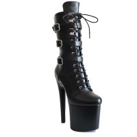 Round Toe Stiletto Heels Ankle Highs Lace Up Side Zipper Buckle Straps Booties  - Black Faux Leather