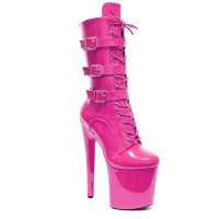 Round Toe Stiletto Heels Ankle Highs Lace Up Side Zipper Buckle Straps Booties  - HotPink Patent