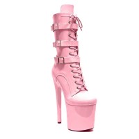 Round Toe Stiletto Heels Ankle Highs Lace Up Side Zipper Buckle Straps Booties  - Pink Patent
