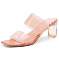 Square Open Toe Block Heels Slip On Transparent Sandals - Orange PVC