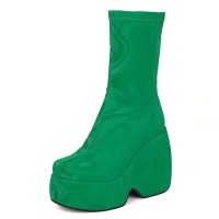Round Toe Lace Up Punk Gothic Ankle Highs  Platforms Chunky Heels Boots - Green Stretch Fabric