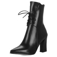 Pointed Toe Lace Up Chunky Block Heels Ankle Highs Elegant Boots - Black Faux Leather