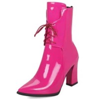 Pointed Toe Lace Up Chunky Block Heels Ankle Highs Elegant Boots - Rose Patent