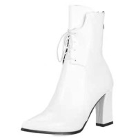 Pointed Toe Lace Up Chunky Block Heels Ankle Highs Elegant Boots - White Faux Leather