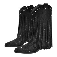 Pointed Toe Mid Calf Rhinestones Bling Chunky Heels Fringe Western Cowgirl Boots - Black Synthetic