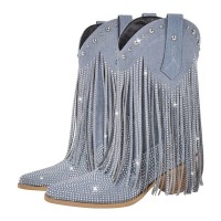 Pointed Toe Mid Calf Rhinestones Bling Chunky Heels Fringe Western Cowgirl Boots - LightBlue Denim