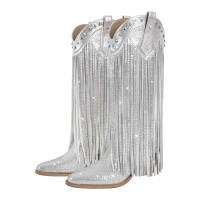Pointed Toe Mid Calf Rhinestones Bling Chunky Heels Fringe Western Cowgirl Pull On Boots - Silver Synhetic