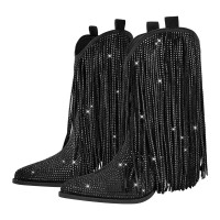 Pointed Toe Mid Calf Rhinestones Bling Chunky Heels Fringe Western Cowgirl Boots - Black Flock