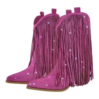 Pointed Toe Mid Calf Rhinestones Bling Chunky Heels Fringe Western Cowgirl Boots - HotPink Flock