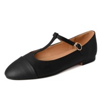 Round Toe Mary Janes T Sraps Loafers Sandals - Black Leather