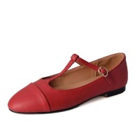 Round Toe Mary Janes T Sraps Loafers Sandals - Red Leather