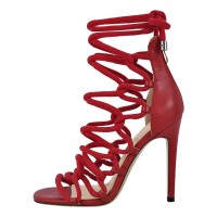 Peep Toe Decorated Lace Up Back Zipper Stiletto Heels Gladiators Party Sandals - Red Faux Leather