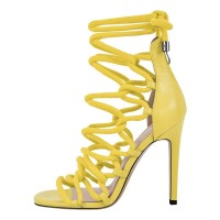 Peep Toe Decorated Lace Up Back Zipper Stiletto Heels Gladiators Party Sandals - Yellow Faux Leather