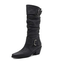 Pointed Toe Knee High Chunky Heels Vintage Pleated Wide Belt Buckle Biker Style Boots - Black Faux Leather