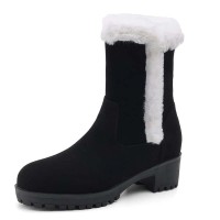 Round Toe Ankle High Chunky Heels Plush Slip On Snow Boots - Black Flock