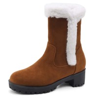 Round Toe Ankle High Chunky Heels Plush Slip On Snow Boots - Brown Flock