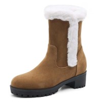 Round Toe Ankle High Chunky Heels Plush Slip On Snow Boots - Khaki Flock