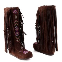 Round Toe Chunky Heels Fringe Decorated Ethnic Pattern Knee Highs Flats Boots - Brown Flock