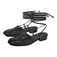 Round Toe Lace Up Straps Summer Gladiator Roman Style Flats Sandals - Black Faux Leather
