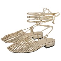 Round Toe Lace Up Straps Summer Gladiator Roman Style Flats Sandals - Gold Faux Leather
