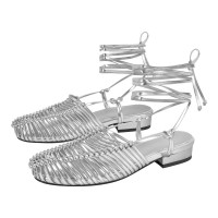 Round Toe Lace Up Straps Summer Gladiator Roman Style Flats Sandals - Silver Faux Leather