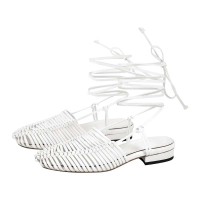 Round Toe Lace Up Straps Summer Gladiator Roman Style Flats Sandals - White Faux Leather