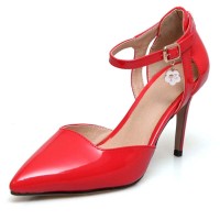 Pointed Toe Stiletto Heels Ankle Cute Buckle Straps Dorsay Pumps - Red Faux Leather