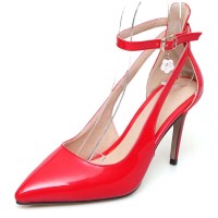 Pointed Toe Stiletto Heels Ankle Cute Buckle Straps Pumps - Red Faux Leather