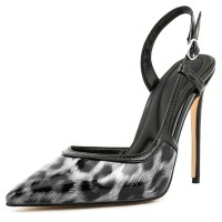 Pointed Toe Stiletto Heels Slingback Leopard Pumps - Black White Patent