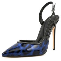 Pointed Toe Stiletto Heels Slingback Leopard Pumps - Blue Patent