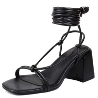 Peep Toe Chunky Heels Ankle Gladiator Straps Summer Sandals - Black Faux Leather