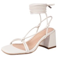 Peep Toe Chunky Heels Ankle Gladiator Straps Summer Sandals - White Faux Leather